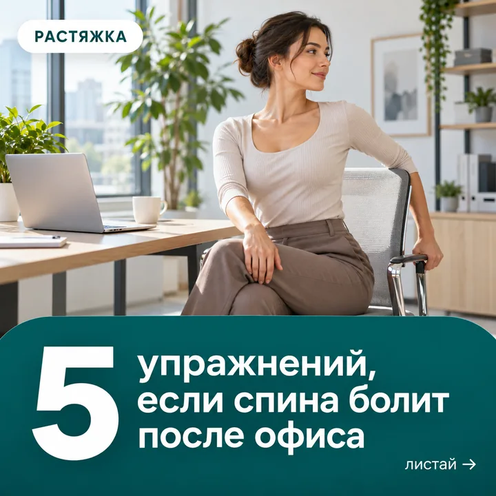 Пост 1, обложка карусели: 5 упражнений, если спина болит после офиса