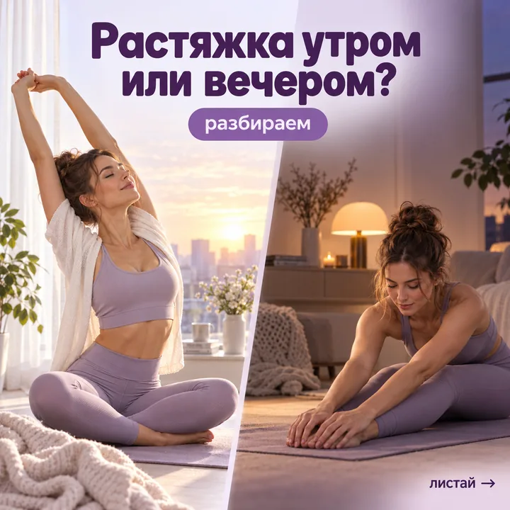 Пост 3, обложка карусели: растяжка утром или вечером